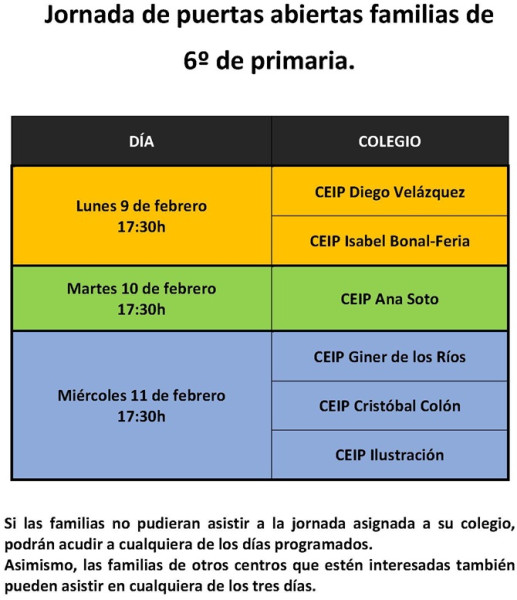 Jornadas de Puertas Abiertas 2026. Dirigidas a familias de 6.º de Primaria